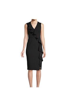 Calvin Klein Women's Size 10 Black ruffle Sheath Midi Dress Cocktail